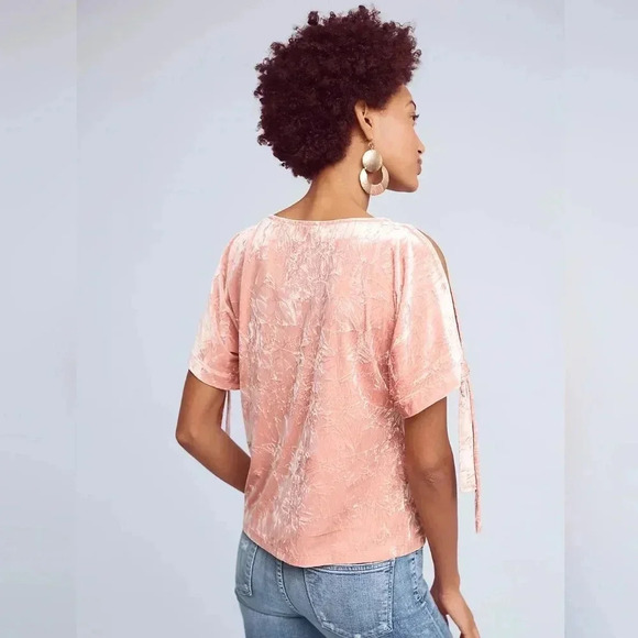 Maeve Anthropologie Velvet Blush Pink Open Shoulder Bow Top Size Medium Women's - Picture 3 of 9